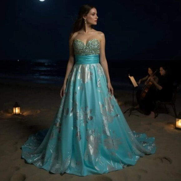 Alyce Paris Dress Prom Formal Evening Gown Blue Metallic Rhinestones Bodice Sz 6 - Picture 1 of 16
